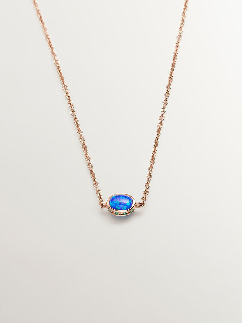 18K rose gold pendant with lab-grown blue opal and emeralds. image number 0