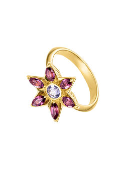 18kt yellow gold plated silver flower ring with central amethyst and rhodolites stones, J05290-02-PAM-RO,hi-res