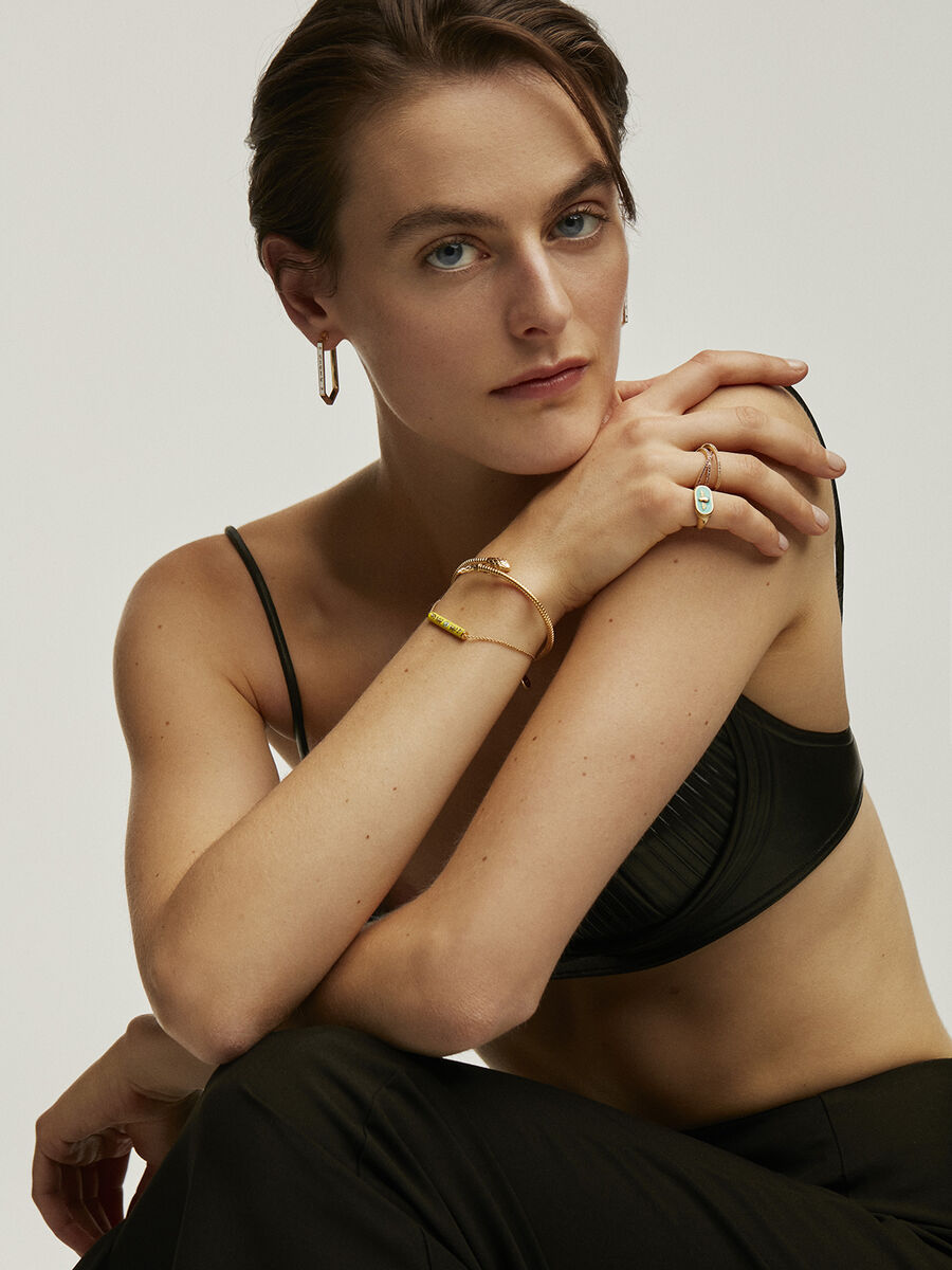 Triple crossed ring in 18k gold-plated sterling silver with white topazes and rhodolites, J04989-02-RO-WT, hi-res