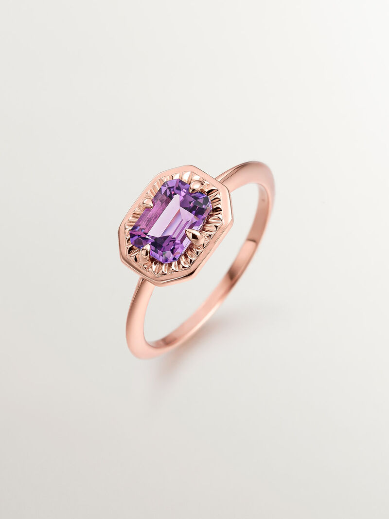 Solitaire-style ring made of 925 silver plated in 18K rose gold with purple amethyst. image number 0