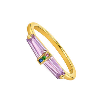 Gold plated silver amethyst and sapphire baguette ring , J04824-02-AM-MULTI,hi-res