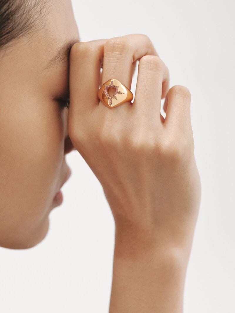 18K yellow gold plated 925 silver ring with purple rhodolites, white topaz and heart shape image number 1