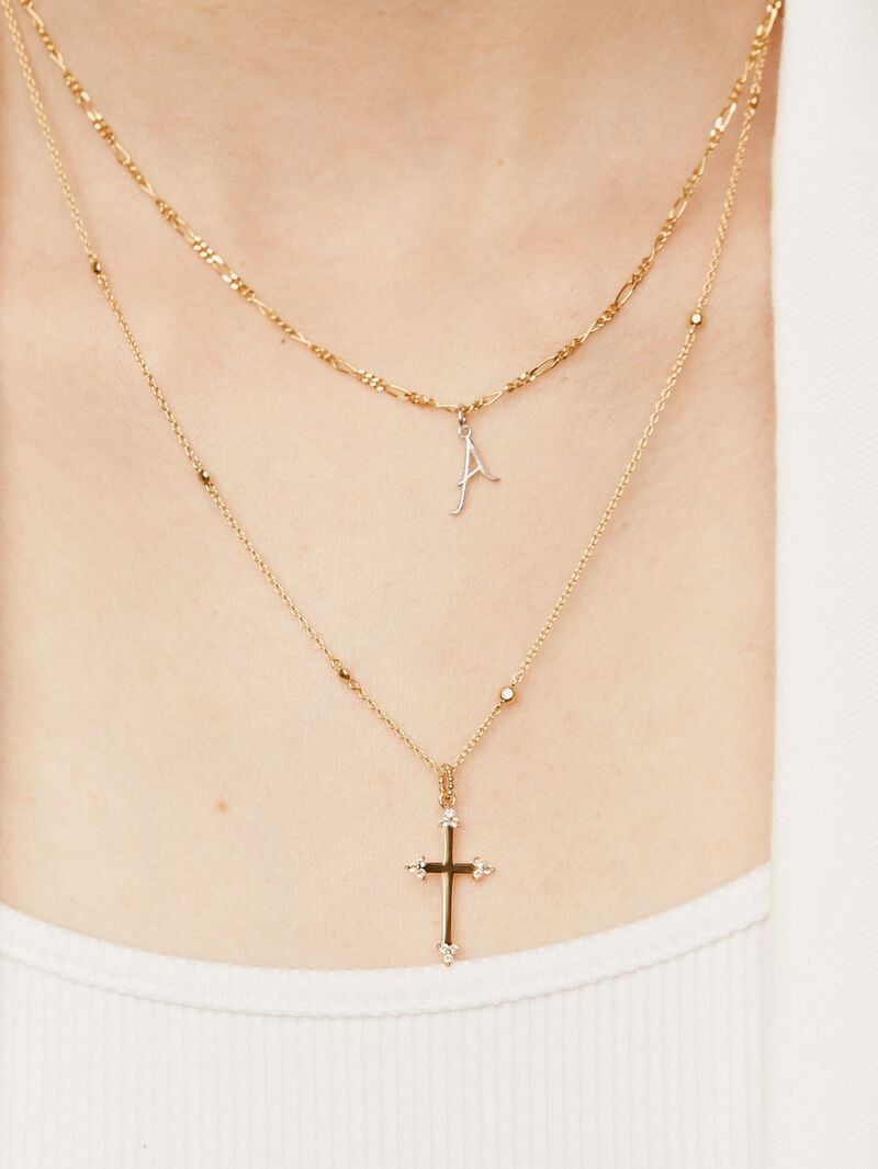 925 Silver pendant dipped in 18K yellow gold featuring a cross and white topazes. image number 5