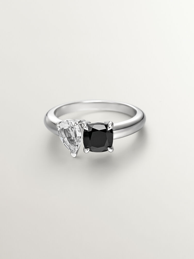 925 silver ring with black spinel and white quartz image number 2