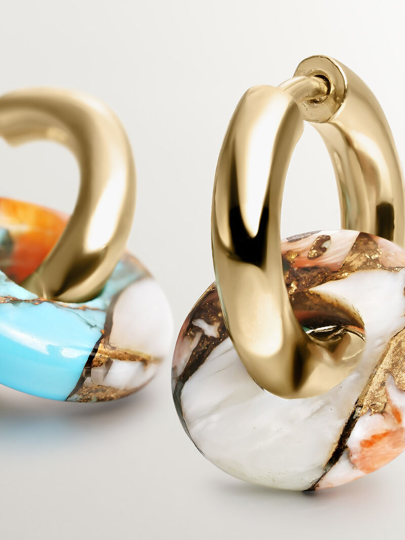 Medium hoop earrings made of 925 silver plated in 18K yellow gold with multicolored turquoise image number 4
