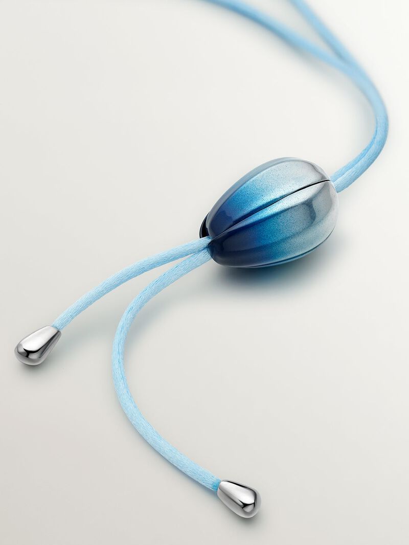 Cord and 925 silver necklace in the shape of an orchid, gradient blue enamel and polished effect image number 5