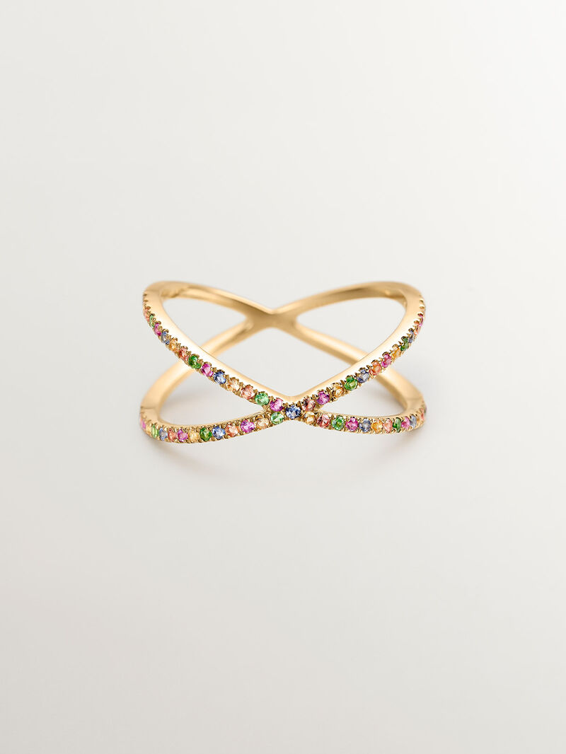 Double crossed 9K yellow gold ring with tsavorites and multicolor sapphires. image number 2