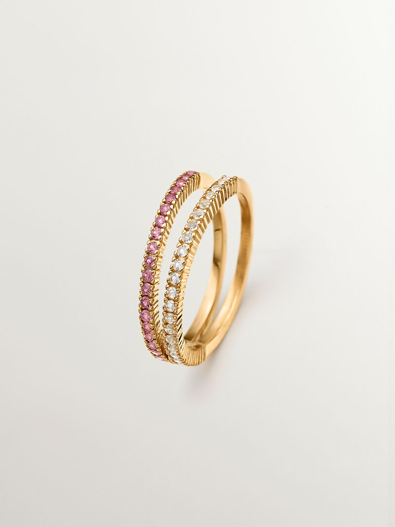 925 Silver double ring bathed in 18K yellow gold with white topazes and purple rhodolites. image number 0