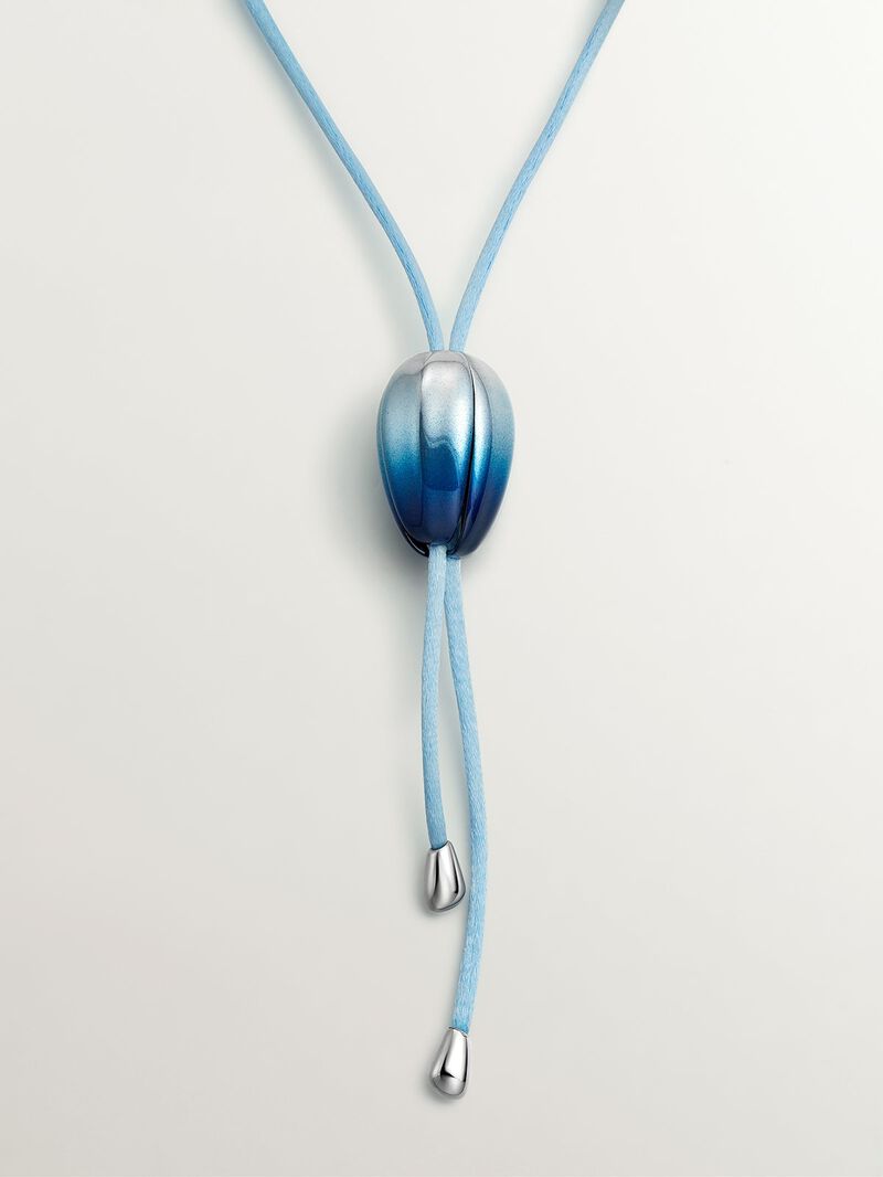 Cord and 925 silver necklace in the shape of an orchid, gradient blue enamel and polished effect image number 0