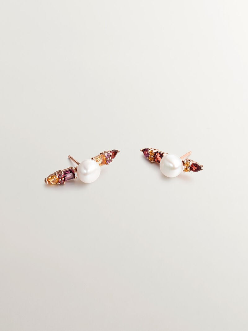 925 Silver earrings bathed in 18K rose gold with pearls, purple rodolites, garnets and citrine quartz. image number 2