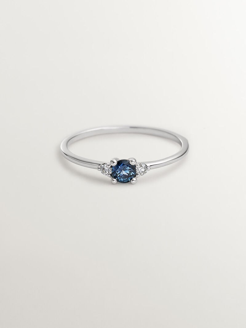 9K White Gold Ring with Blue Sapphire and Diamonds image number 2