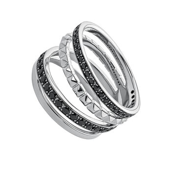 Silver multi-band ring with raised detail and black spinel gemstones , J04906-01-BSN,hi-res