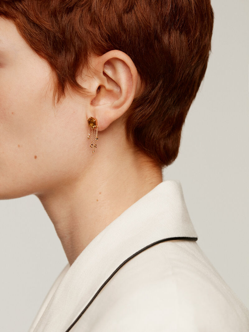 Long earrings made of 925 silver, plated with 18K yellow gold and adorned with brown quartz and white topaz. image number 3