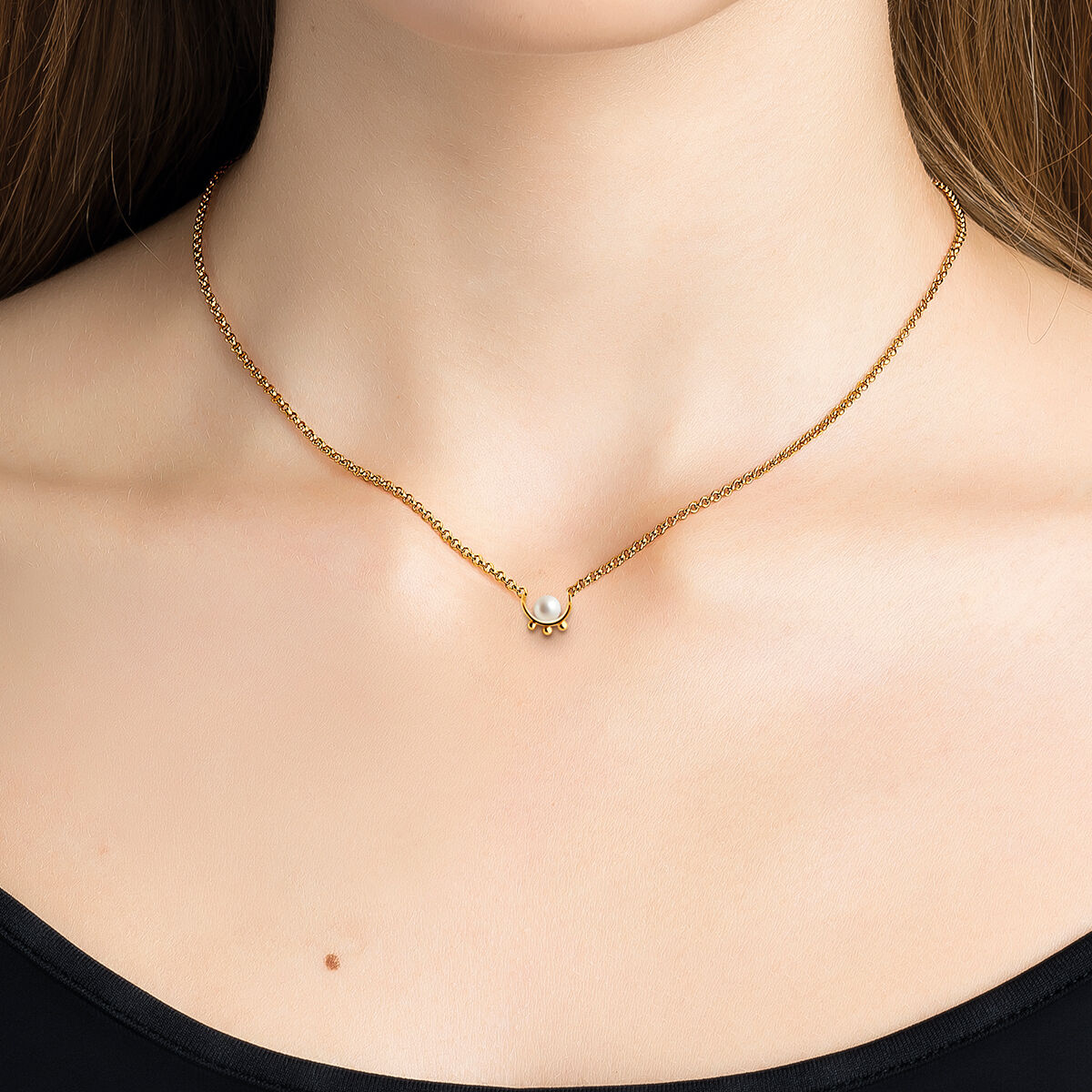 Gold pearl detail necklace , J03379-02, hi-res