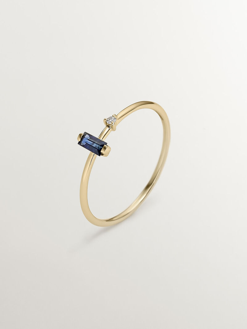 9K Yellow Gold Solitaire Ring with Blue Sapphire and Diamond image number 0
