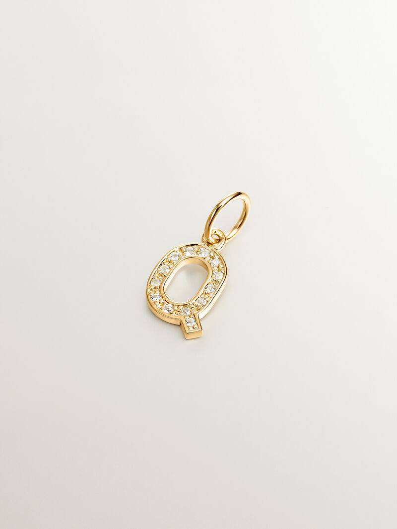 18K Yellow Gold Plated 925 Silver Charm with Q Initial and White Topaz. image number 0