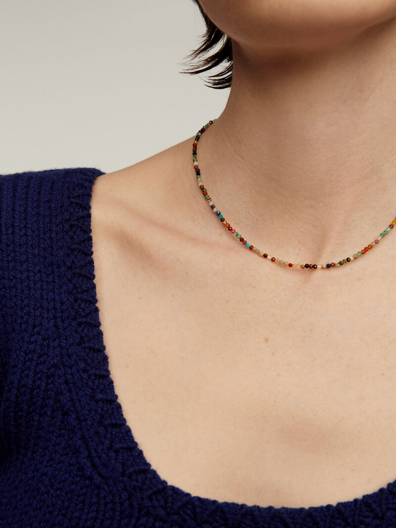 925 Silver necklace bathed in 18K yellow gold with multicolor precious stone beads. image number 3
