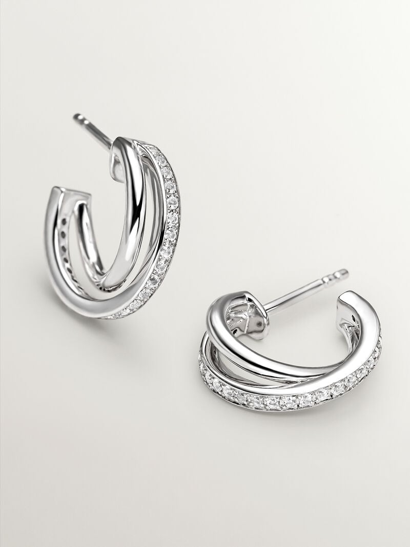 925 Silver triple hoop earrings with white topaz. image number 4