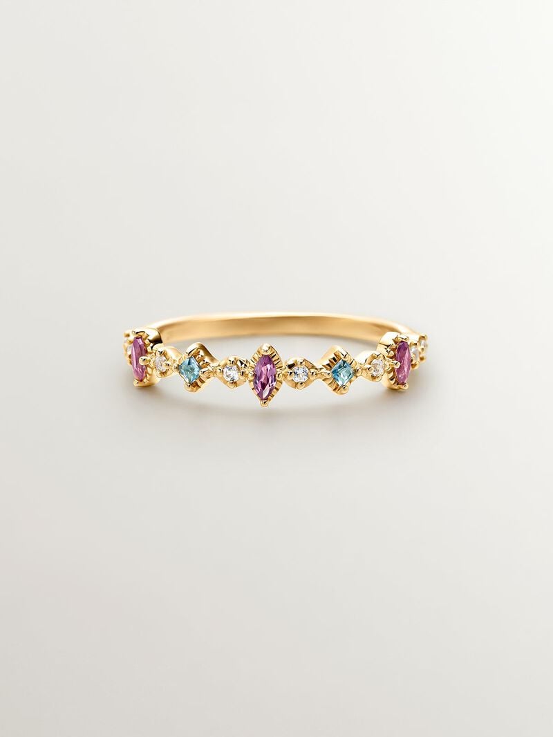 925 Silver ring bathed in 18K yellow gold with topaz and rhodolites. image number 2
