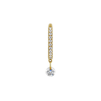 18kt yellow gold single small hoop earring with diamonds and dangling diamond, J04424-02-H,hi-res