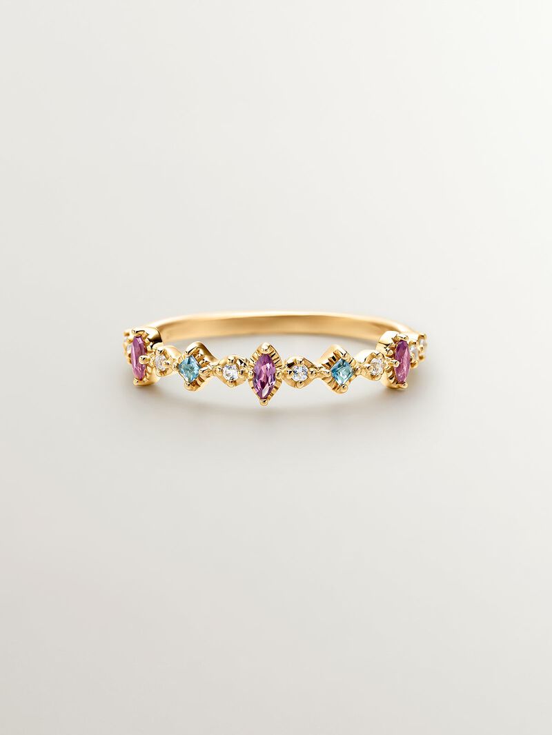 925 Silver ring bathed in 18K yellow gold with topaz and rhodolites. image number 2