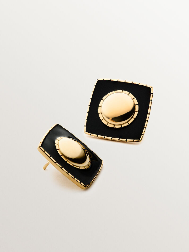 18K yellow gold plated 925 silver earrings with geometric shape and black enamel image number 2