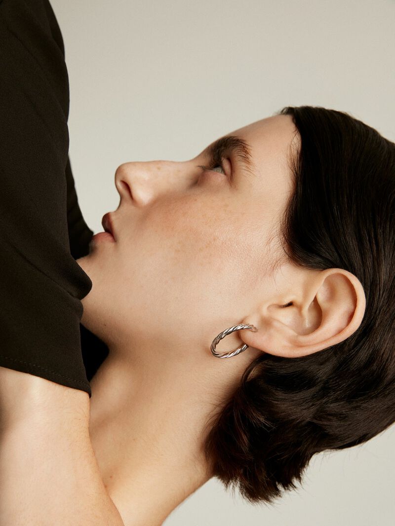 Large 925 sterling silver hoop earrings with fluted texture. image number 3