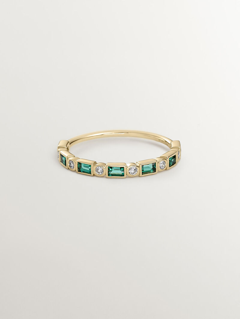 9K Yellow Gold Ring with Emeralds and Diamonds image number 2