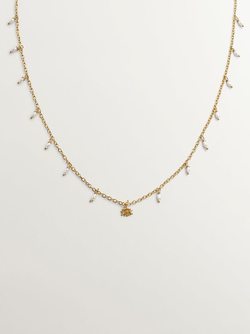 925 Silver necklace bathed in 18K yellow gold with river pearls and lotus flower. image number 0