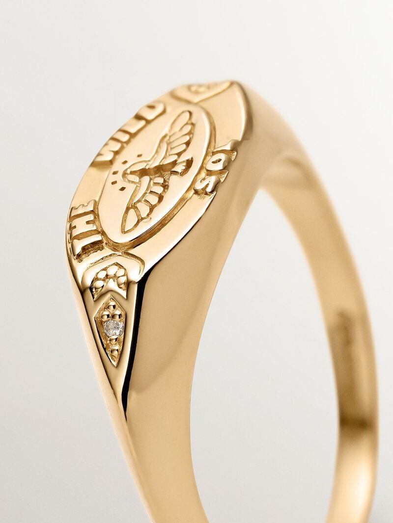 929 Silver seal ring bathed in 18K yellow gold with white topaz and eagle. image number 2