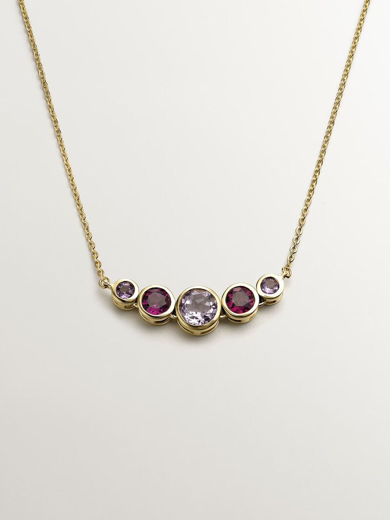 925 Silver pendant bathed in 18K yellow gold with pink rhodolites and purple amethysts. image number 0
