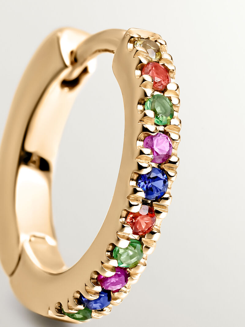 Individual 9K yellow gold hoop earring with tsavorites and multicolor sapphires. image number 4