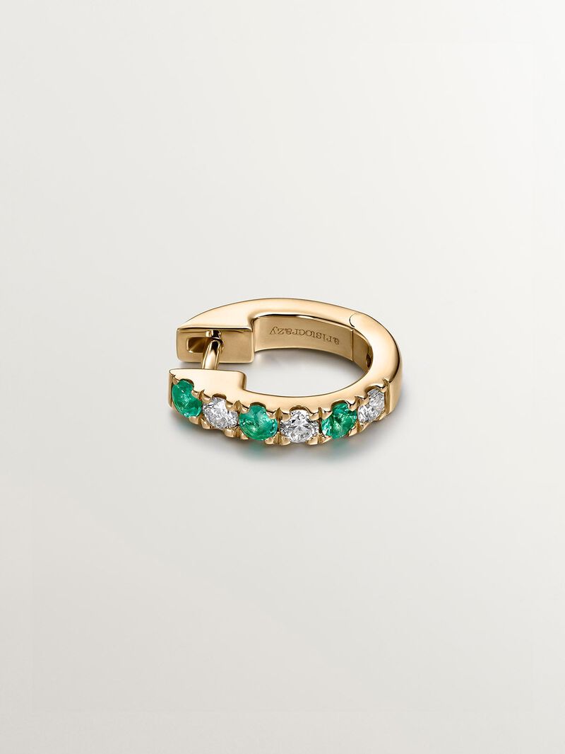 Individual 9K yellow gold hoop earring with emeralds and diamonds. image number 2