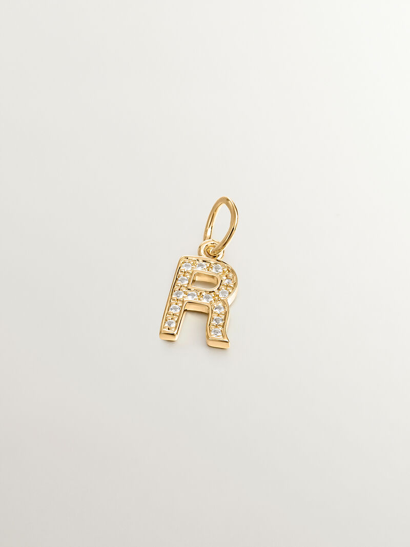 925 Silver charm bathed in 18K yellow gold with white topazes initial R image number 0
