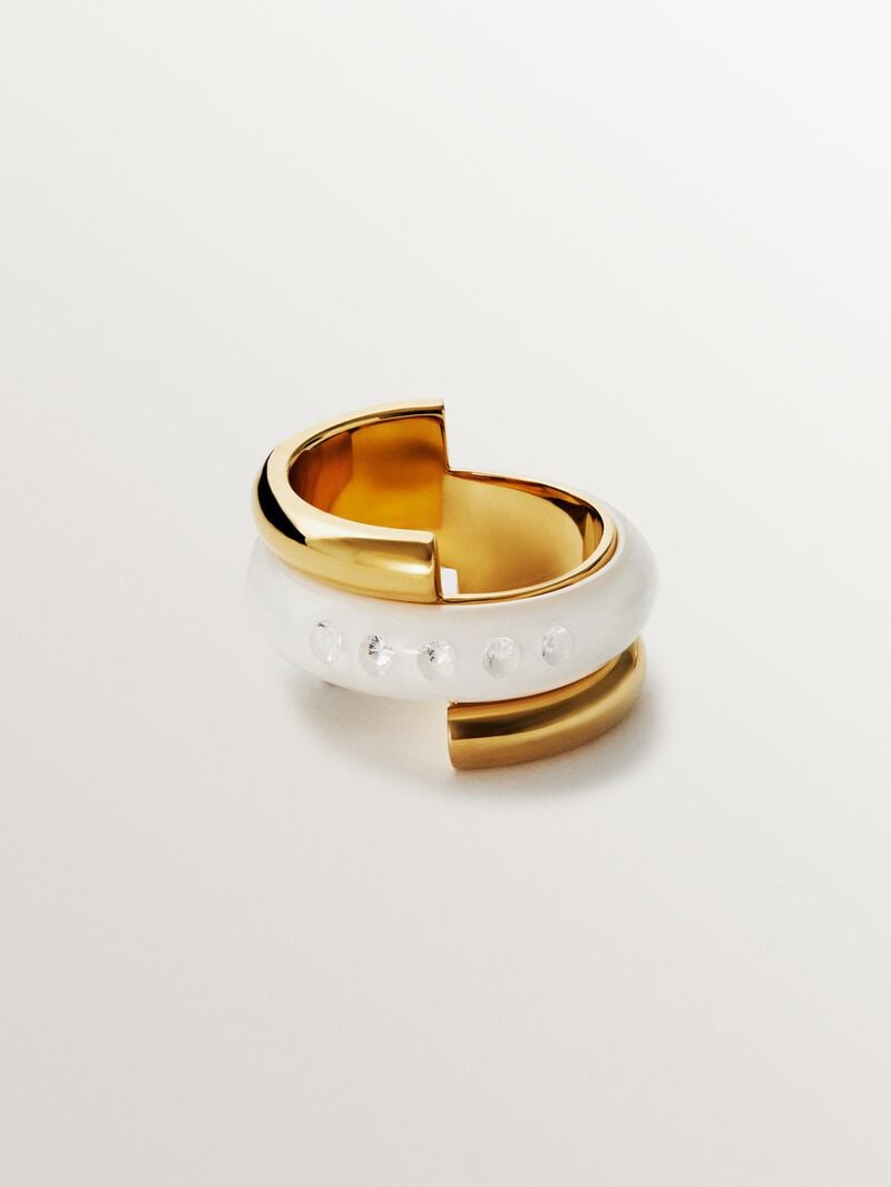 18K yellow gold plated 925 silver ring with white enamel and zircons suspended in resin image number 2
