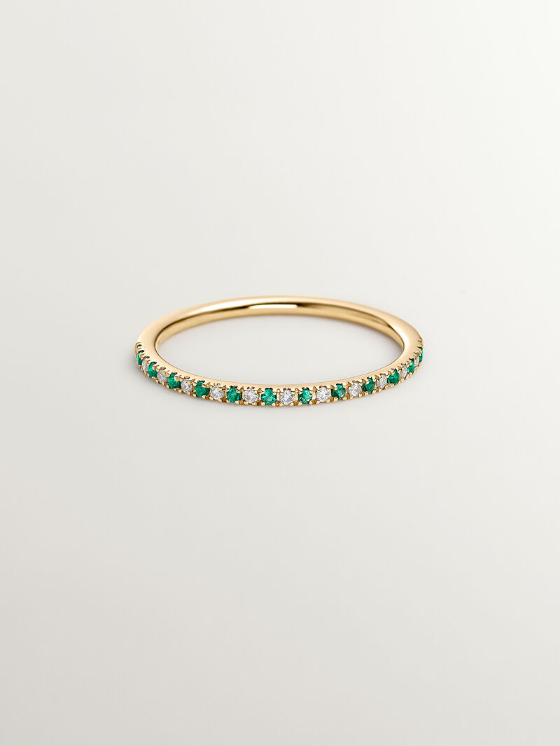 9K Yellow Gold Ring with Emeralds and Diamonds image number 2