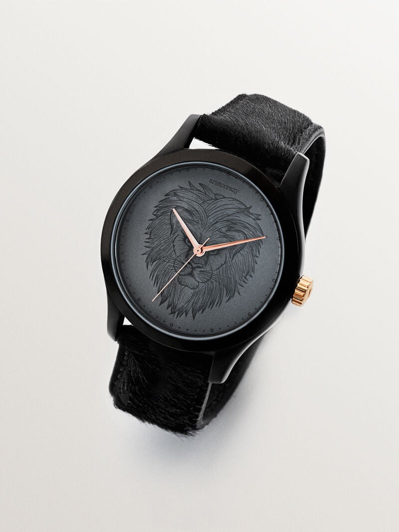 Savage watch with fur effect leather strap and black dial with lion detail image number 1