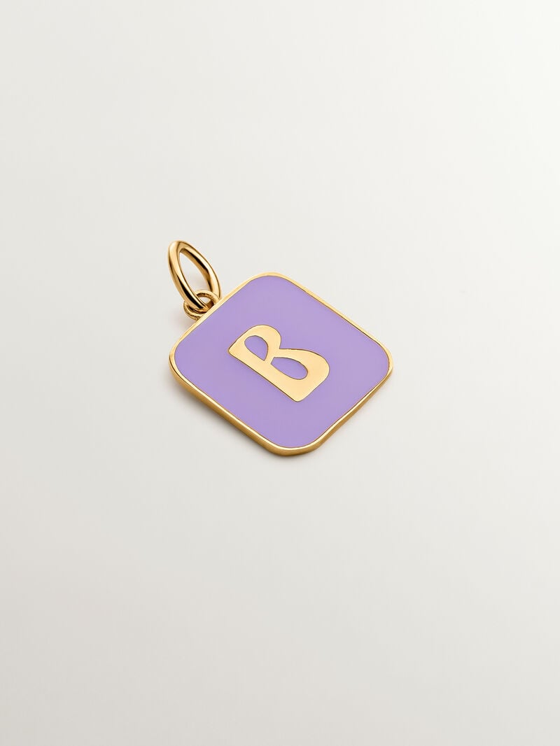 18K yellow gold plated 925 sterling silver charm with initial B and lilac enamel in a square shape image number 0