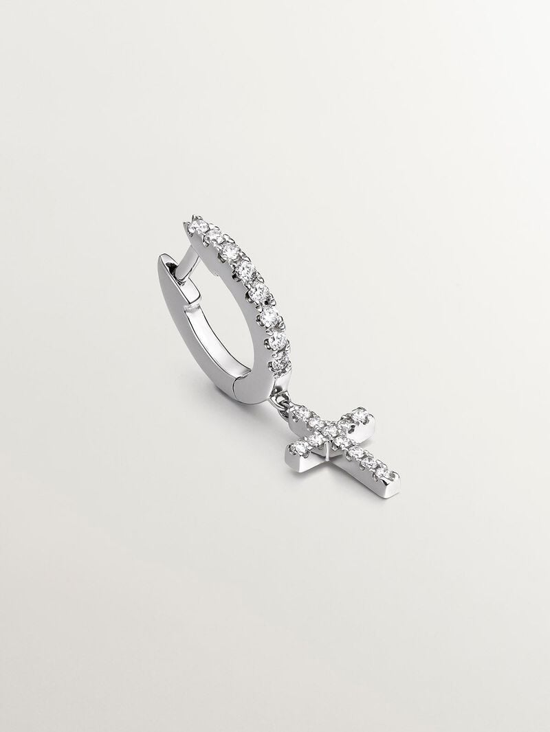 Single 18K white gold earring with diamonds and cross. image number 2
