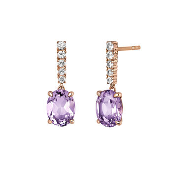 Earrings in 18k rose gold-plated sterling silver with a hanging pink amethyst and white topaz stones, J03752-03-PAM-WT,hi-res