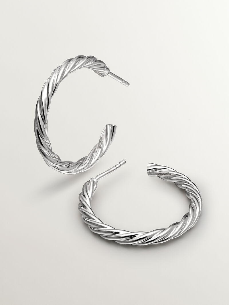Large 925 sterling silver hoop earrings with fluted texture. image number 2
