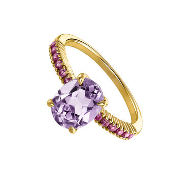 Ring in 18k yellow gold-plated sterling silver with a central purple amethyst and pink rhodolites, J03749-02-PAM-RO,hi-res