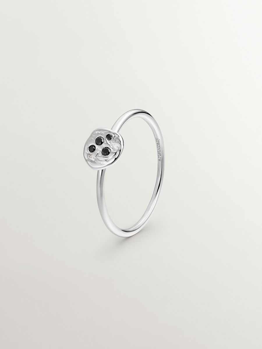 Silver ring with raised detail and black spinel gemstones, J05080-01-BSN, hi-res