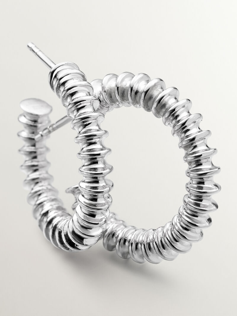 Medium size 925 silver hoop earrings with embossed finish. image number 4