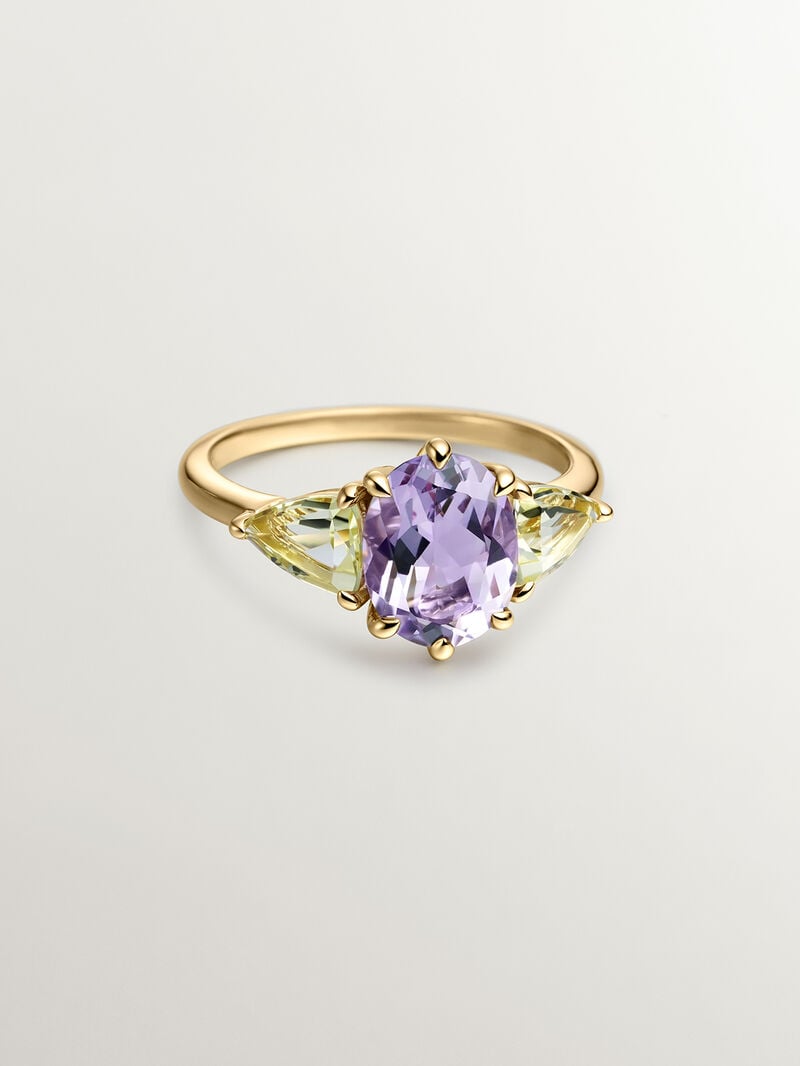 925 Silver trio ring bathed in 18K yellow gold with purple amethyst and yellow quartz. image number 2