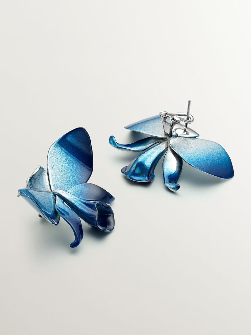 Orchid-shaped 925 silver earrings, gradient blue enamel and polished effect image number 3