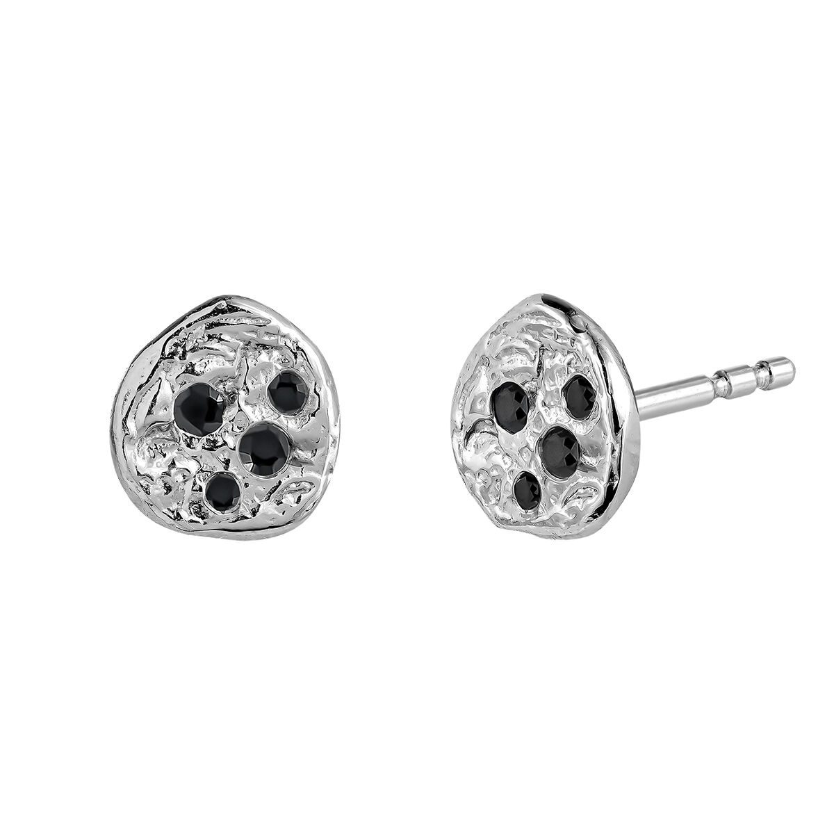 Silver stud earrings with raised detail and black spinel gemstones, J05077-01-BSN, hi-res