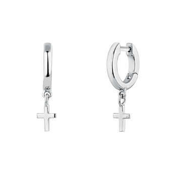 Silver cross hoop earrings , J04867-01,hi-res