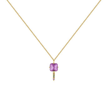 Gold plated silver amethyst and sapphire charm necklace, J04917-02-AM-MULTI, hi-res