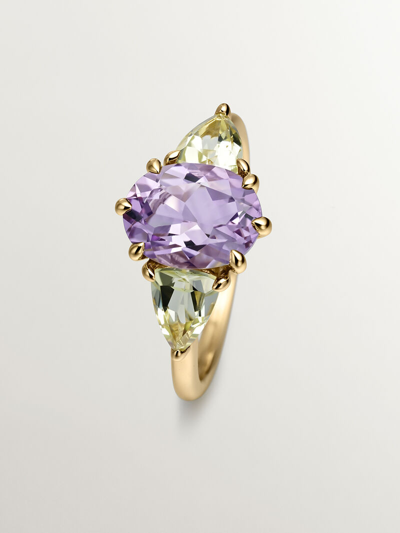 925 Silver trio ring bathed in 18K yellow gold with purple amethyst and yellow quartz. image number 4